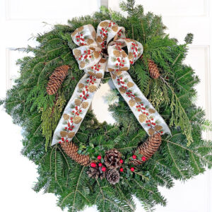 22" Wreath with Pine Cone Print Bow, decorated with greens, pine cones & berries
